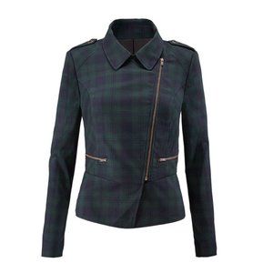 CABI #3181 Green & Navy Tartan Plaid Asymmetrical Zip Moto Jacket sz 8 Women's